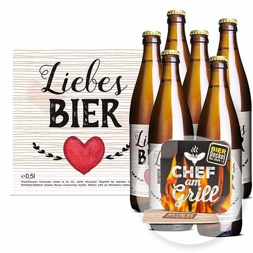 Sixpack Liebes-Bier und Bierdeckel Chef am Grill