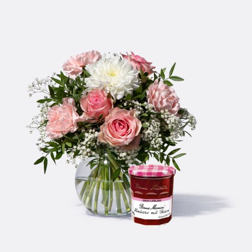 Blumenstrauß Alles Liebe mit GRATIS Bonne Maman Marmelade Himbeere mit Rose 370g