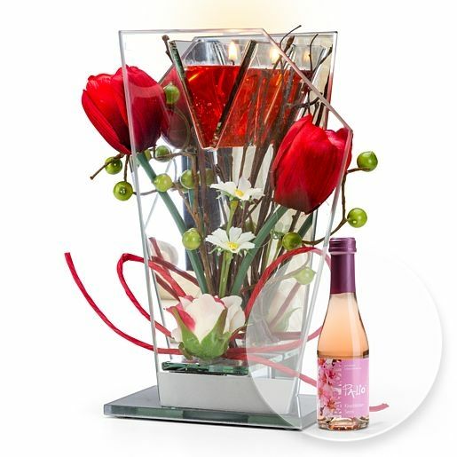 Glas-Spiegel-Windlicht mit roter Blumen-Deko und LED und Kirschblüten-Secco