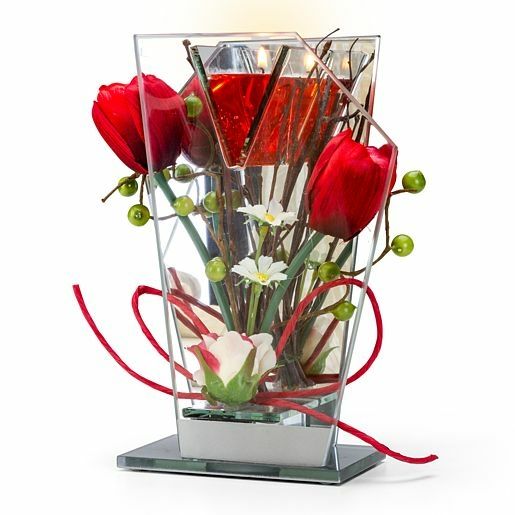 Glas-Spiegel-Windlicht mit roter Blumen-Deko und LED