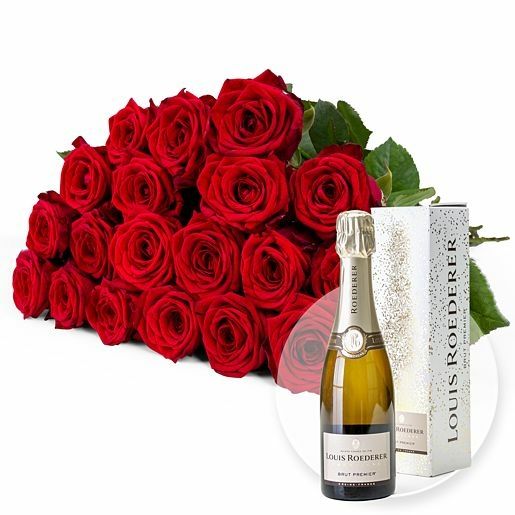 20 langstielige rote Premium-Rosen und Champagner Louis Roederer Brut Premier