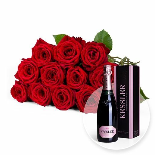 12 langstielige rote Premium-Rosen und Kessler Rose Sekt