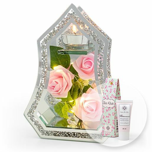 Glas-Spiegel-Windlicht mit Rosen-Deko und LED und Blütenrausch Pfingstrosen-Handcreme Für Dich