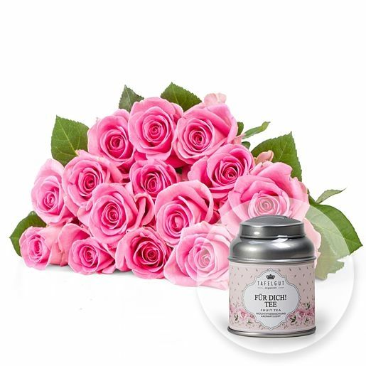 15 rosafarbene Fairtrade-Rosen und Tafelgut Für Dich Tee